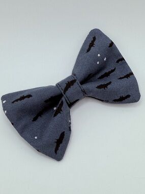 Spooky, navy blue bat print over the collar, dog or cat bowtie